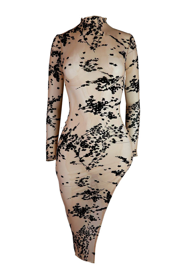 Come Thru Velvet Burnout Mesh Midi Dress - Beige - EDGEbyKS